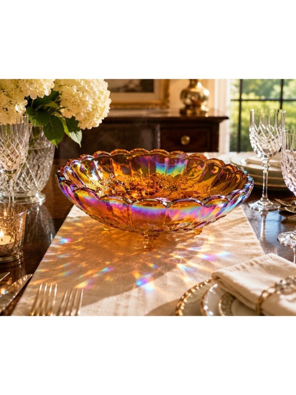Vintage Amber Carnival Glass Footed Fruit Bowl